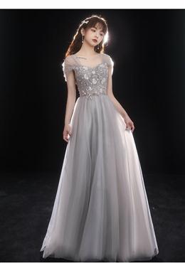 Picture of Light Grey Beaded Off Shoulder Tulle A-line Junior Formal Dresses, Grey Long Evening Dresses